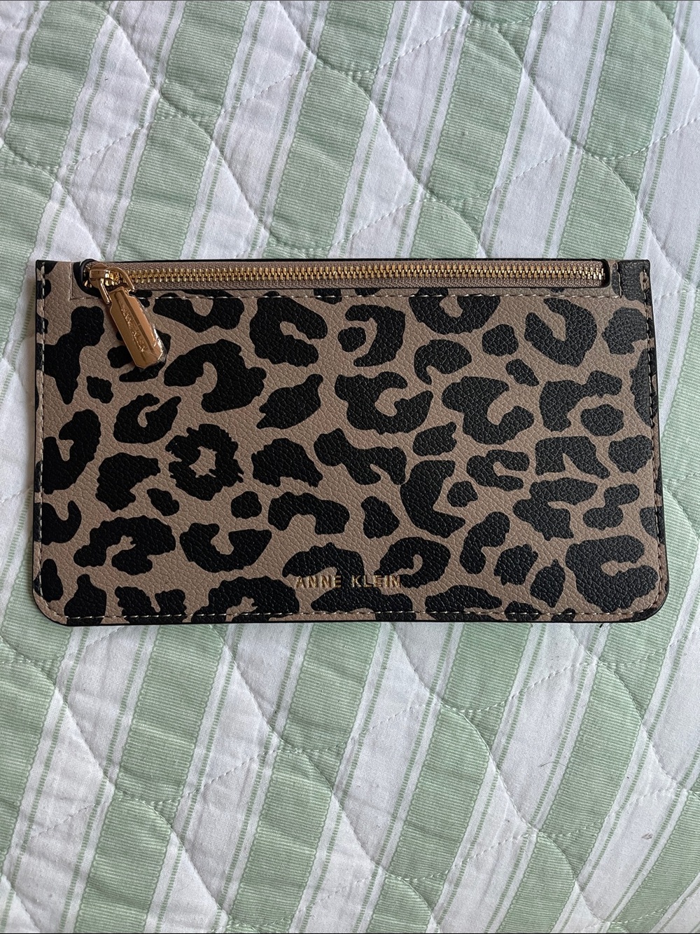 Anne Klein Leopard Print Zip Pouch - Taupe & Black with Gold Hardware